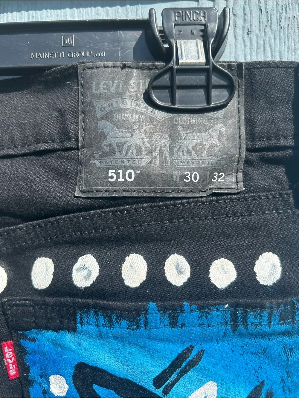 Hand-Painted Black Skinny Jeans with Blue & Pink Graffiti on Levi 510 jeans New